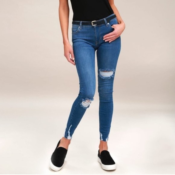 Free People - Shark Bite Raw-Hem Ripped Crop Skinny Jeans in Blue - Picture 1 of 15